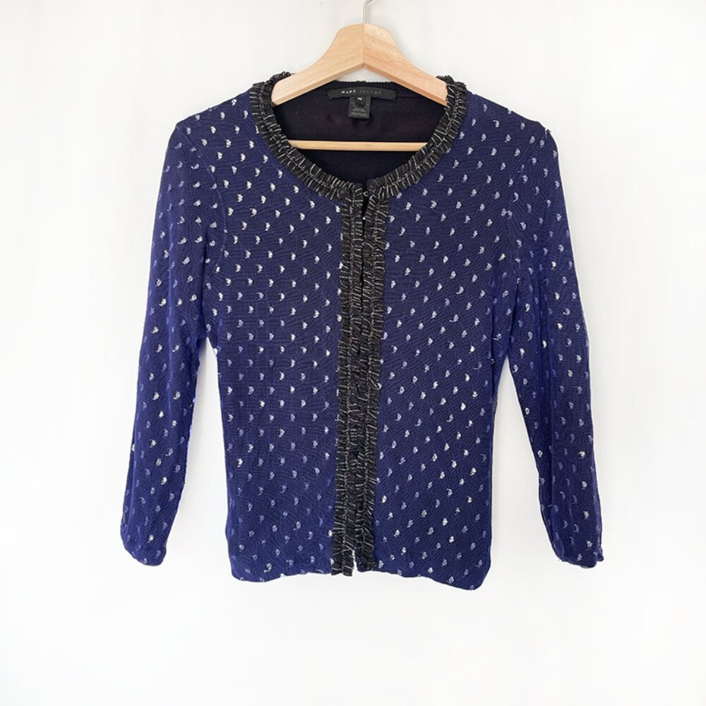 Marc Jacobs Blue and Metallic Silver Ruffle Trim Cardigan Twee Girl Size M